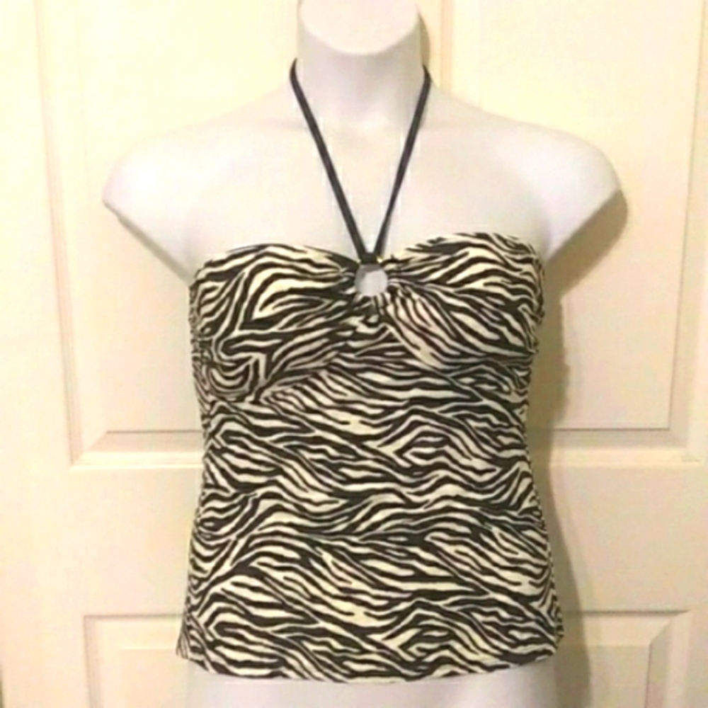 American Living Women's Black White Zebra Print Halter Swim Top SZ 10 NWOT